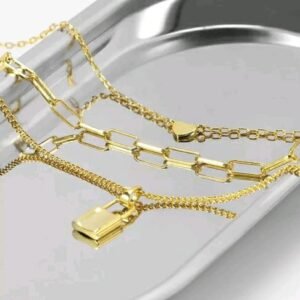 Graceful Lock Heart Triple Chain Necklace