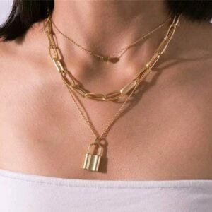 Graceful Lock Heart Triple Chain Necklace