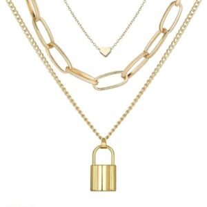 Graceful Lock Heart Triple Chain Necklace