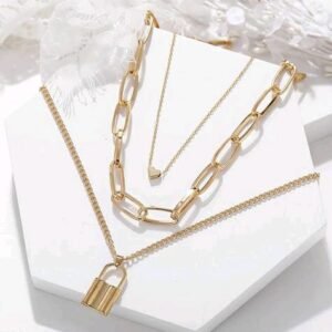 Graceful Lock Heart Triple Chain Necklace