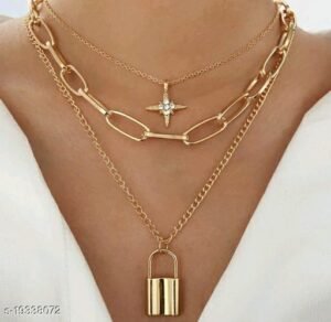 Graceful Star And Lock Triple Chain Set Necklace