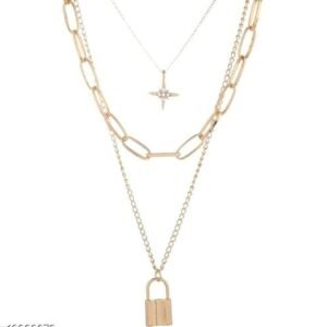 Graceful Star And Lock Triple Chain Set Necklace