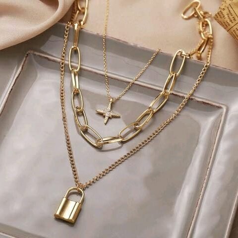 Graceful Star And Lock Triple Chain Set Necklace