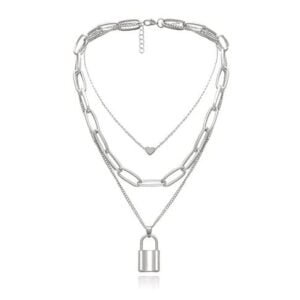 Silver Toned Chained Heart And Lock Necklace