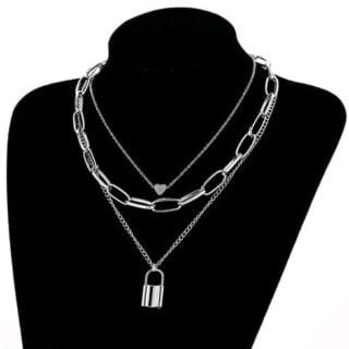 Silver Toned Chained Heart And Lock Necklace