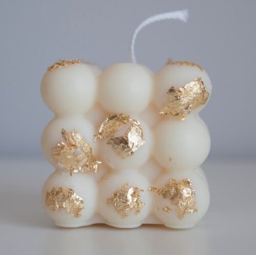 Bubble Cube %100 Soy Wax Candle Burn time up to 30 Hours, Decorated with Gold, Copper, Bronze Flakes