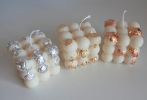 Bubble Cube %100 Soy Wax Candle Burn time up to 30 Hours, Decorated with Gold, Copper, Bronze Flakes