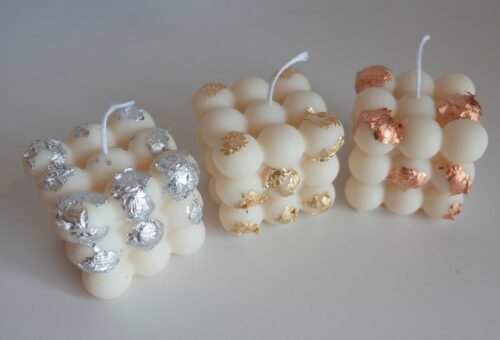 Bubble Cube %100 Soy Wax Candle Burn time up to 30 Hours, Decorated with Gold, Copper, Bronze Flakes