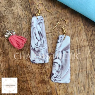Deep Mauve and White - Long Polymer Clay Earrings