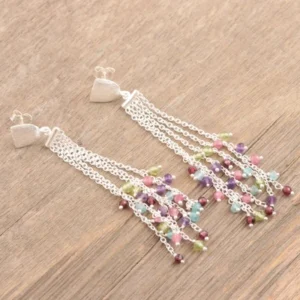 Multi Gemstone Beaded Dangle earring, Brass silver plated earring, Gift jewelry