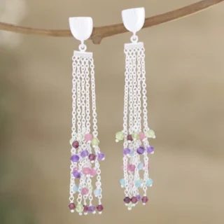 Multi Gemstone Beaded Dangle earring, Brass silver plated earring, Gift jewelry