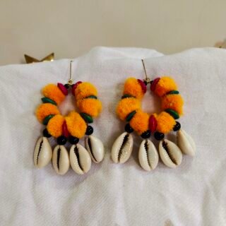 Boho Handmade Pom-Pom & Cowrie Shell Hoop Earrings for Women