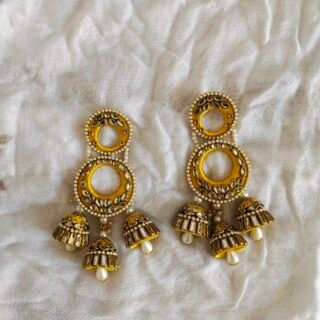 Premium Gold color silk thread Kundan Double Round Jhumka Earrings